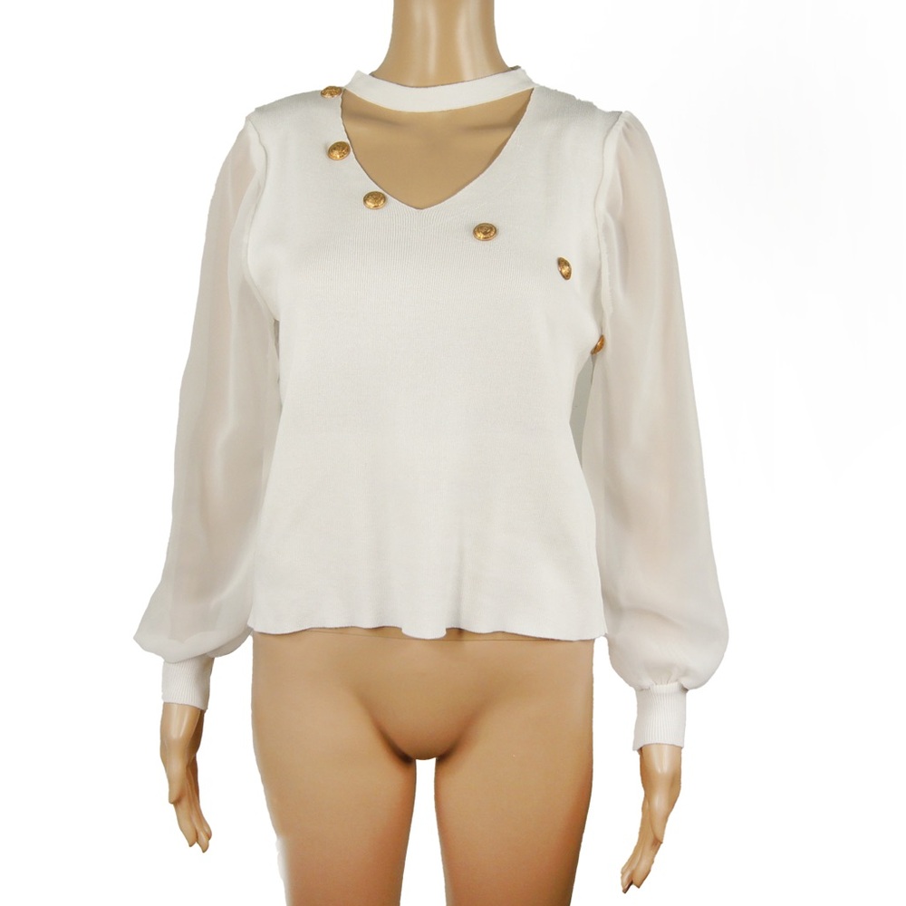 Balmain Paris White Cutout Collar Gold Logo Buttons Sheer Long Sleeve Top
